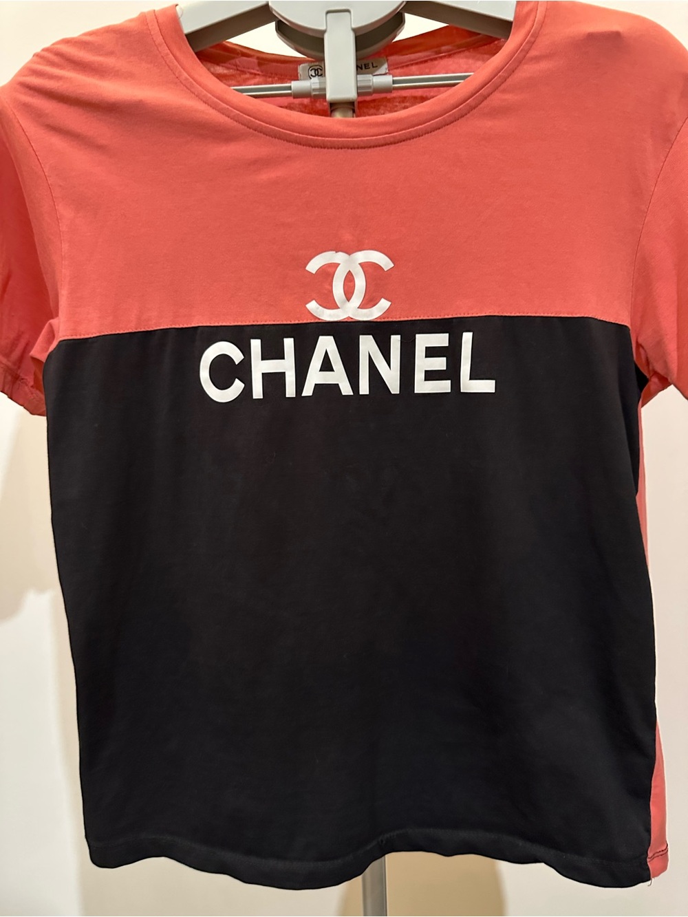 CHANEL Coral and Black Colorblock Logo Tee